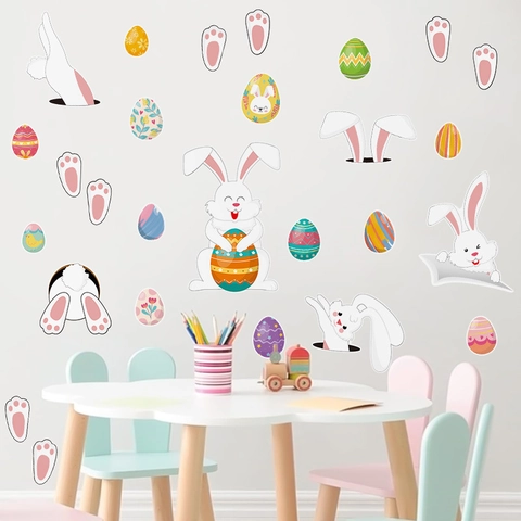 Stickers Muraux Lapin de Pâques Oeufs de Pâques Animaux Dessin Animé Autocollants Fenêtre Maison Verre Réfrigérateur PVC
