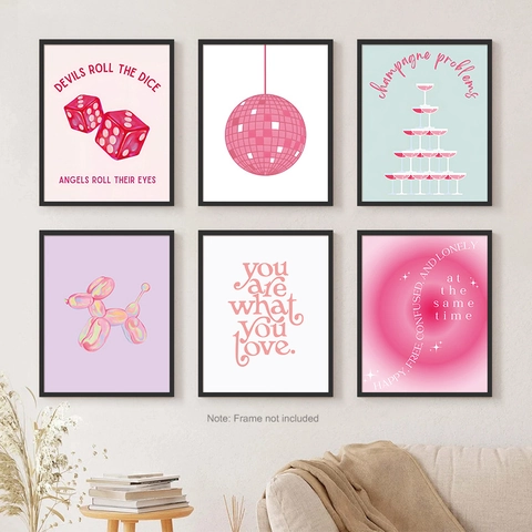 Nordisch Rosa Schleife Kirsche Leinwand Poster Set Discokugel Ballonhund Wandkunst Drucke Für Mädchen Schlafzimmer Deko