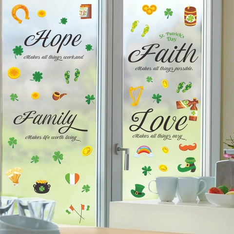 Adesivi per Finestre St Patrick Day PVC Trifoglio Scritte Hope Faith Family Love Decalcomanie Murali per Casa Festa