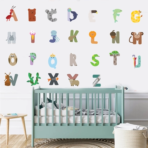 Cartoon Animal Alphabet Wall Stickers PVC Educational ABC Decals For Kids Nursery Bedroom Classroom School Home Decor