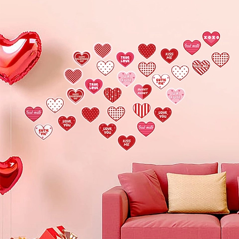 Pegatinas de Corazón de San Valentín de PVC Autoadhesivas para Ventanas Decoración de Fiesta Romántica Vinilo de Pared Frases Amor 4 Hojas