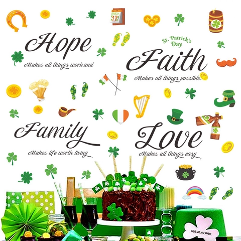 Adesivi per Finestre St Patrick Day PVC Trifoglio Scritte Hope Faith Family Love Decalcomanie Murali per Casa Festa
