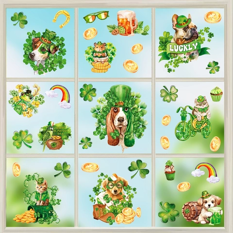 Adesivi per Finestre per San Patrizio in PVC Trifoglio Verde Animali Cane Gatto Decalcomanie Decorative per Vetro Casa Festa