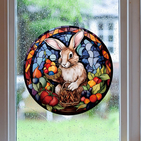 Pegatinas de Ventana Estilo Vitral Conejo de Pascua Adhesivos PVC Estáticos Decoración Festiva Conejo Flor Colorida 3PZ
