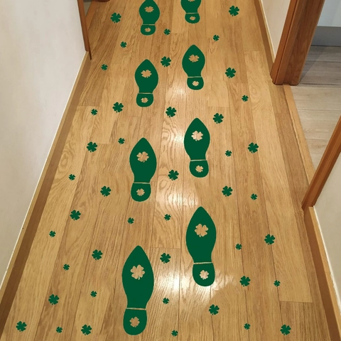 Stickers de Sol Trèfle et Empreintes Vertes Saint-Patrick en PVC Imperméable pour Décoration de Maison Festive