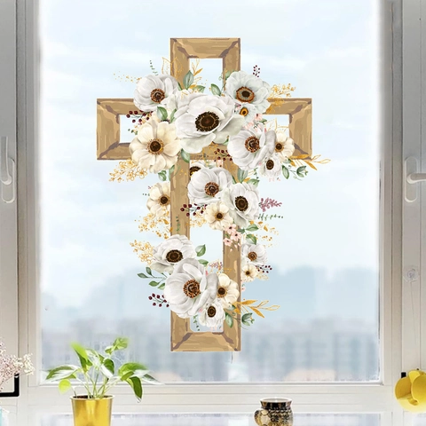 Easter Cross Floral Wall Sticker PVC Removable Window Decal Wood Grain Religious Flower Vine Home Art Decorative Sticker