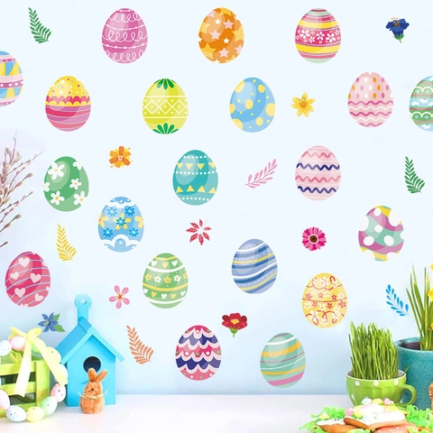 Adesivi per Finestre con Uova di Pasqua Decalcomanie Murali Fiori Colorati PVC Statico Adesivi per Frigorifero Decorazione Casa