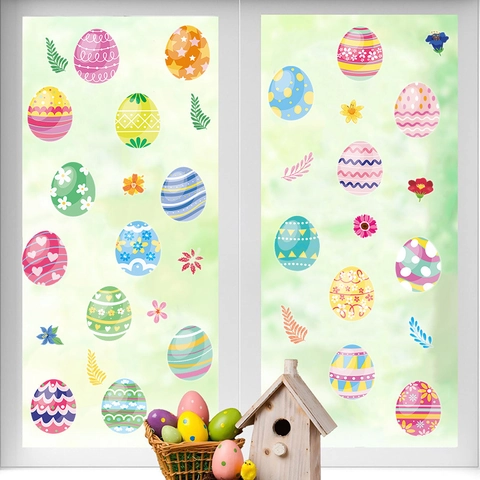 Adesivi per Finestre con Uova di Pasqua Decalcomanie Murali Fiori Colorati PVC Statico Adesivi per Frigorifero Decorazione Casa