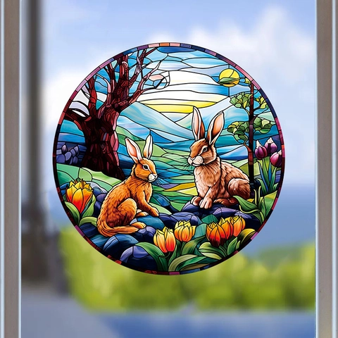 Pegatinas de Ventana Estilo Vitral Conejo de Pascua Adhesivos PVC Estáticos Decoración Festiva Conejo Flor Colorida 3PZ