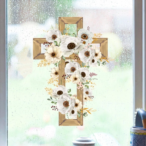 Easter Cross Floral Wall Sticker PVC Removable Window Decal Wood Grain Religious Flower Vine Home Art Decorative Sticker