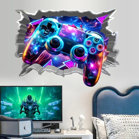 Adesivo da Parete Controller di Gioco 3D Effetto Muro Rotto Neon Cyberpunk PVC Decalcomania per Camera dei Ragazzi Gamer Decor