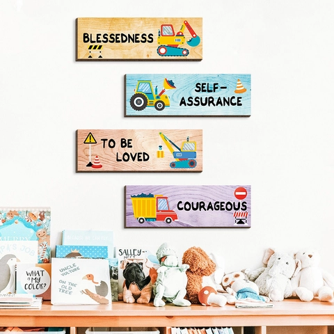 Cartoon Construction Vehicle Wooden Signs Inspirational Quotes Wall Decor For Boys Kids Room Nursery Wooden Wall Art