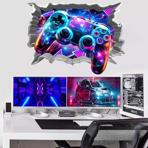 Adesivo da Parete Controller di Gioco 3D Effetto Muro Rotto Neon Cyberpunk PVC Decalcomania per Camera dei Ragazzi Gamer Decor