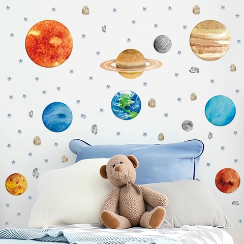 Solar System Planet Wall Stickers For Kids Room Decor Watercolor Space Astronaut Rocket Stars PVC Cartoon Wall Decal Nursery Kindergarten Decoration