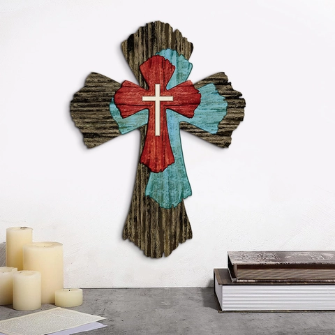 Décoration Murale en Croix en Bois à Couches Vintage Style Campagne Américaine Enseigne Religieuse de Pâques Pour Maison