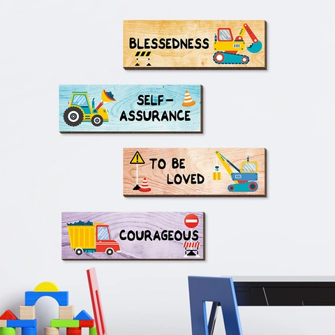 Cartoon Construction Vehicle Wooden Signs Inspirational Quotes Wall Decor For Boys Kids Room Nursery Wooden Wall Art