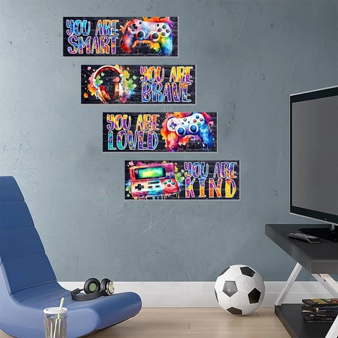 Gaming Wall Art Wood Signs For Game Room Bedroom Controller Pattern Ink Splatter Design Motivational Quotes Home Decoration