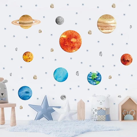 Solar System Planet Wall Stickers For Kids Room Decor Watercolor Space Astronaut Rocket Stars PVC Cartoon Wall Decal Nursery Kindergarten Decoration