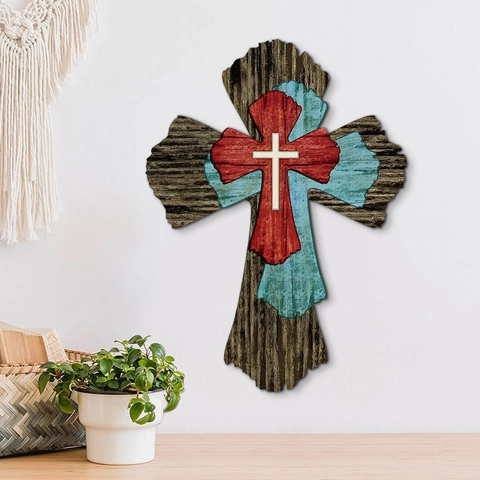 Décoration Murale en Croix en Bois à Couches Vintage Style Campagne Américaine Enseigne Religieuse de Pâques Pour Maison