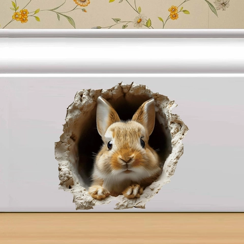 Sticker Mural 3D Lapin Mur Brisé Décalcomanie Animale Dessin Animé pour Chambre Salon Escaliers Angle Décoratif PVC Murale