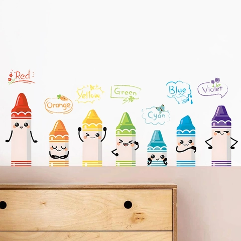 Adesivi da Parete a Forma di Pastello Animato Decalcomanie in PVC Rimovibili per Decorazione di Camere per Bambini Aule e Asili