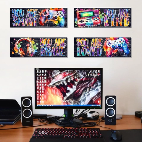 Gaming Wall Art Wood Signs For Game Room Bedroom Controller Pattern Ink Splatter Design Motivational Quotes Home Decoration