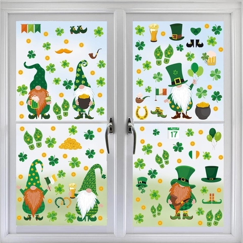 St Patricks Day Fensterbilder Grüner Gnom Kleeblatt Leprechaun Regenbogen Goldmünze Aufkleber Für Haus Kühlschrank Deko