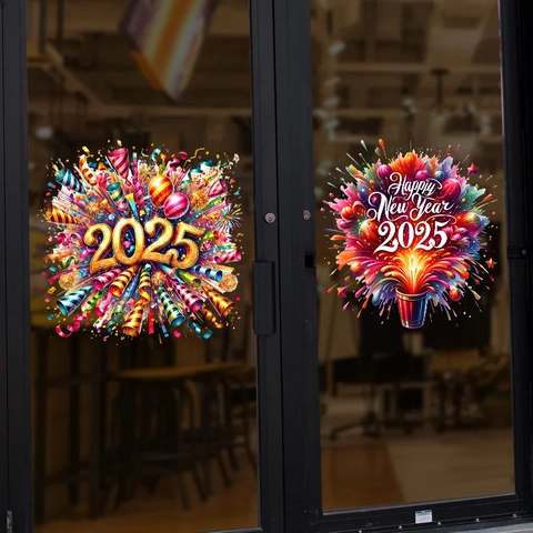 Feliz Año Nuevo 2025 Fuegos Artificiales Champaña Adhesivo Estático Ventana PVC Pegatinas Vidrio Decoración Fiesta Hogar