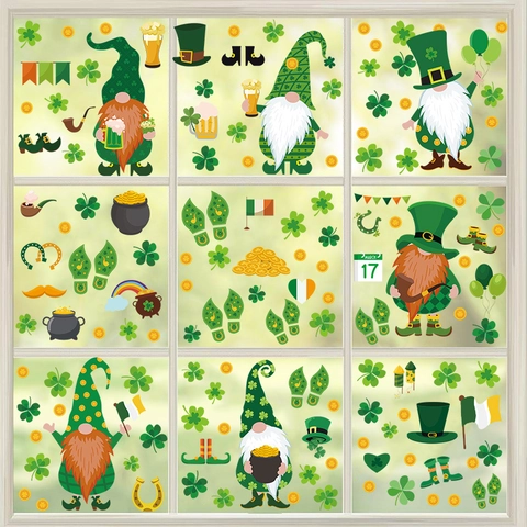 St Patricks Day Fensterbilder Grüner Gnom Kleeblatt Leprechaun Regenbogen Goldmünze Aufkleber Für Haus Kühlschrank Deko