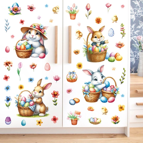 Easter Rabbit Wall Stickers PVC Removable Window Decals For Holiday Home Decor Cartoon Animal Patterns For Kids Room