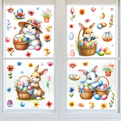 Easter Rabbit Wall Stickers PVC Removable Window Decals For Holiday Home Decor Cartoon Animal Patterns For Kids Room