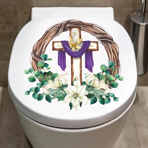 Adesivo da Parete Croce di Pasqua PVC Ghirlanda di Gigli Nastro Viola Decorazione Casa Religiosa per Coperchio WC Finestra