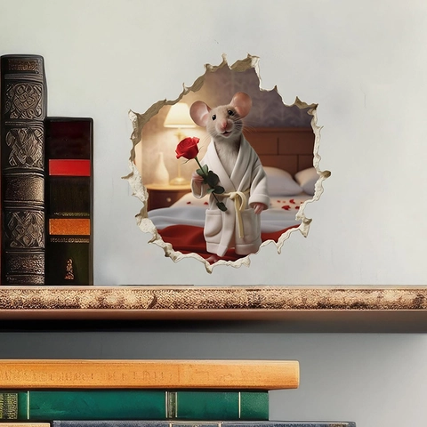 Adesivo Murale 3D Buco Del Topo Creativo Topo In Accappatoio Con Rosa Illusione Visiva Decalcomania In PVC Per Soggiorno Camera Da Letto