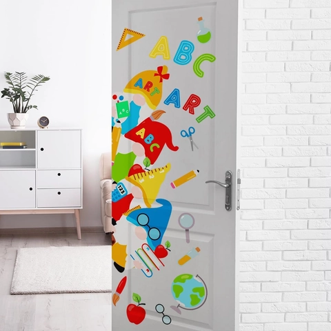 Adesivi Murali Gnomi Cartoon Ritorno a Scuola Lettere ABC ART Decalcomania Porta in PVC Impermeabile per Aula Camera Bambini