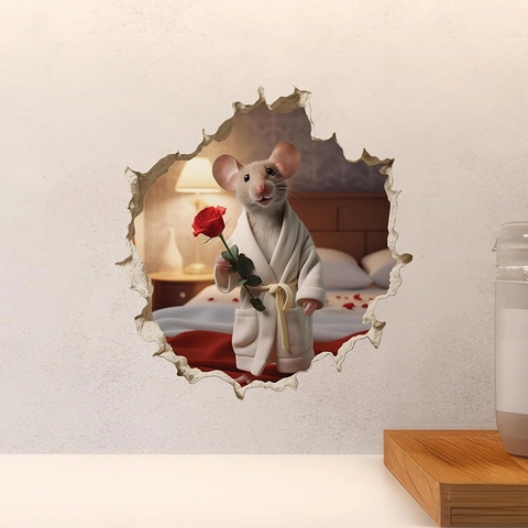 Adesivo Murale 3D Buco Del Topo Creativo Topo In Accappatoio Con Rosa Illusione Visiva Decalcomania In PVC Per Soggiorno Camera Da Letto