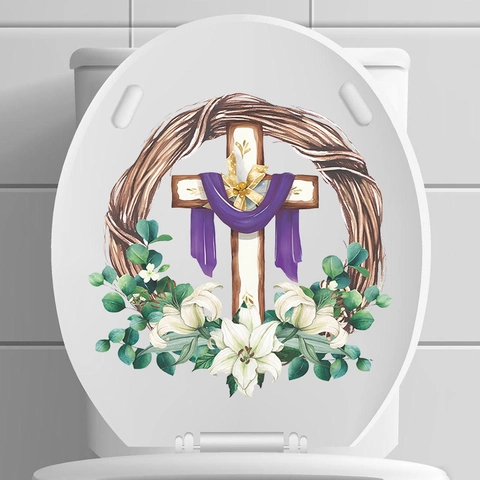Adesivo da Parete Croce di Pasqua PVC Ghirlanda di Gigli Nastro Viola Decorazione Casa Religiosa per Coperchio WC Finestra