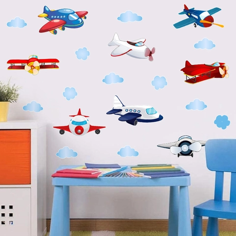 Adesivi Murali Aereo Cartone Animato PVC Autoadesivi Per Camera Bambini Asilo Camera Da Letto Decorazione Multicolore Modelli Nuvola