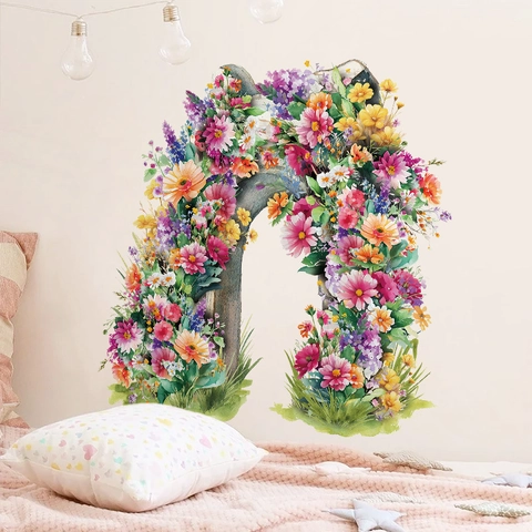 Aquarel Bloemen Venster Boog Muurstickers PVC Zelfklevend Decor Voor Woonkamer Slaapkamer Bloemen Vlinder Muurtattoos