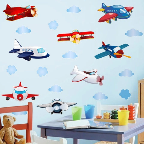 Adesivi Murali Aereo Cartone Animato PVC Autoadesivi Per Camera Bambini Asilo Camera Da Letto Decorazione Multicolore Modelli Nuvola