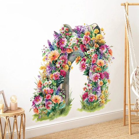 Aquarel Bloemen Venster Boog Muurstickers PVC Zelfklevend Decor Voor Woonkamer Slaapkamer Bloemen Vlinder Muurtattoos
