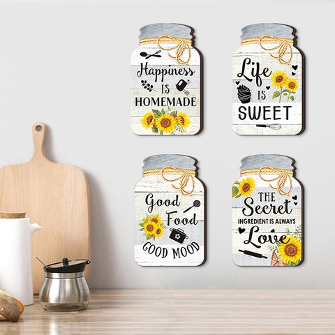 Sunflower Mason Jar Shaped Wooden Kitchen Wall Signs Happiness Is Homemade Rustic Farmhouse Hanging Decor Plaques Set