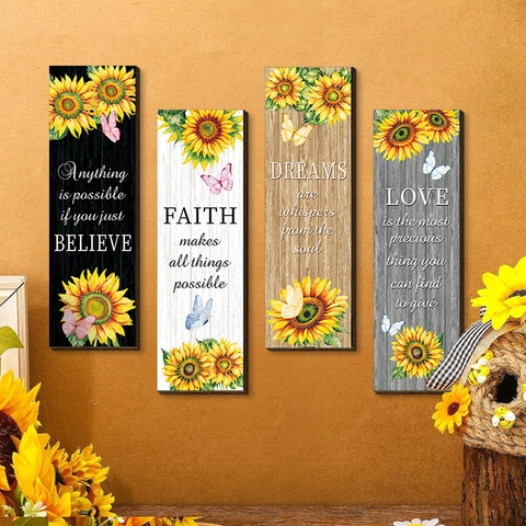 Sunflower Wooden Wall Decor Inspirational Quotes Butterfly Farmhouse Rustic Wood Plaques Kitchen Living Room Home Decoration
