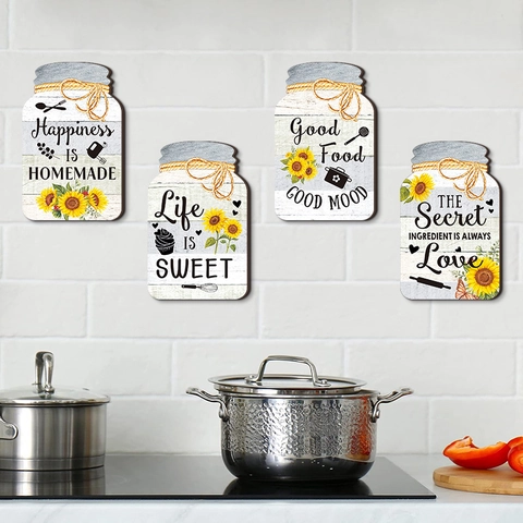 Sunflower Mason Jar Shaped Wooden Kitchen Wall Signs Happiness Is Homemade Rustic Farmhouse Hanging Decor Plaques Set