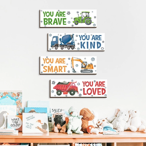 Construction Vehicle Wooden Wall Decor Inspirational Signs Brave Kind Smart Loved Boys Bedroom Nursery Hanging Art Plaque