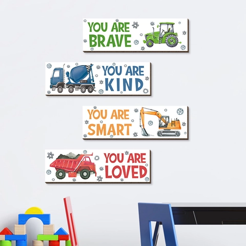 Construction Vehicle Wooden Wall Decor Inspirational Signs Brave Kind Smart Loved Boys Bedroom Nursery Hanging Art Plaque