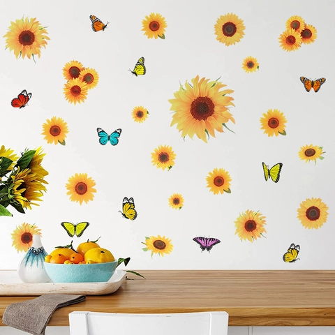 Sonnenblumen Schmetterling Wandaufkleber PVC Wasserdicht Blumen Fensterbilder Für Home Dekor Wohnzimmer Schlafzimmer Küche