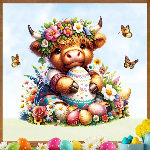 Adesivo da Parete di Pasqua Cartone Animato Mucca delle Highlands Con Uovo Ghirlanda di Fiori PVC per Cameretta Frigorifero