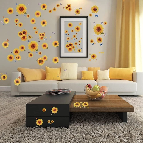 Sonnenblumen Schmetterling Wandaufkleber PVC Wasserdicht Blumen Fensterbilder Für Home Dekor Wohnzimmer Schlafzimmer Küche