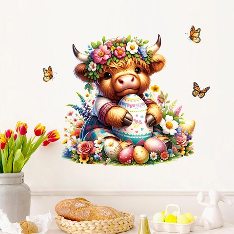 Adesivo da Parete di Pasqua Cartone Animato Mucca delle Highlands Con Uovo Ghirlanda di Fiori PVC per Cameretta Frigorifero