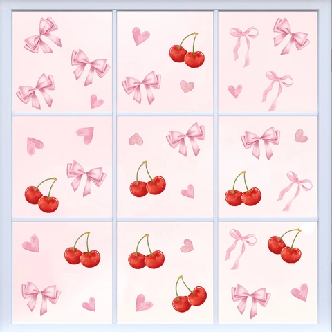 Bohemian Style Cherry Pink Bow Heart Wall Stickers Waterproof PVC DIY Decal For Girls Room Nursery Home Decor